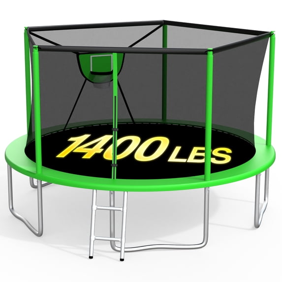 XMIKA Outdoor Trampoline 14FT, Trampolines with Safety Enclosure Net for Kids, Backyard Recreational Trampoline with Basketball Hoop, Ladder, Heavy-Duty Round Trampoline for Adult, 1400LBS Loading