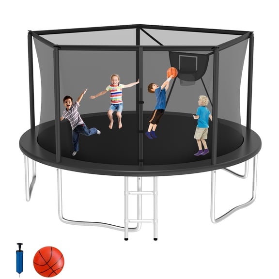 Elitezip Outdoor Trampoline 14FT, Trampolines with Safety Enclosure Net for Kids, Backyard Recreational Trampoline with Basketball Hoop, Ladder, Heavy-Duty Round Trampoline for Adult, 1400LBS Loading