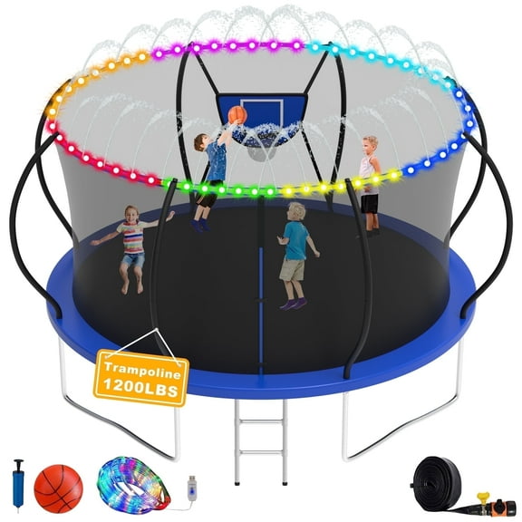 Elitezip Trampoline, 1200LBS 12FT Trampoline for 1-2 Adults/ 4-5 Kids, Trampoline with Enclosure Net, Basketball Hoop, Ladder, Light, Sprinkler, Backyard Outdoor Heavy Duty Trampoline, No Gap Design