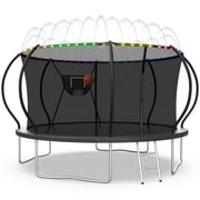 XMIKA Trampoline, 1200LBS 12FT Trampoline for 1-2 Adults/ 4-5 Kids, Trampoline with Enclosure Net, Basketball Hoop, Ladder, Light, Sprinkler, Backyard Outdoor Heavy Duty Trampoline, No Gap Design