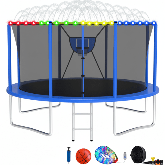 Elitezip 12FT Trampoline, Trampolines with Basketball Hoop for Kids, 1200LBS Trampolines with Enclosure Net, Light, Sprinkler, Ladder, Backyard Recreational Trampoline, Galvanized Anti-Rust Coating