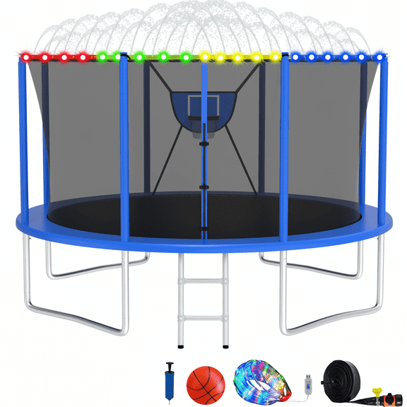 Elitezip 12FT Trampoline, Trampolines with Basketball Hoop for Kids, 1200LBS Trampolines with Enclosure Net, Light, Sprinkler, Ladder, Backyard Recreational Trampoline, Galvanized Anti-Rust Coating