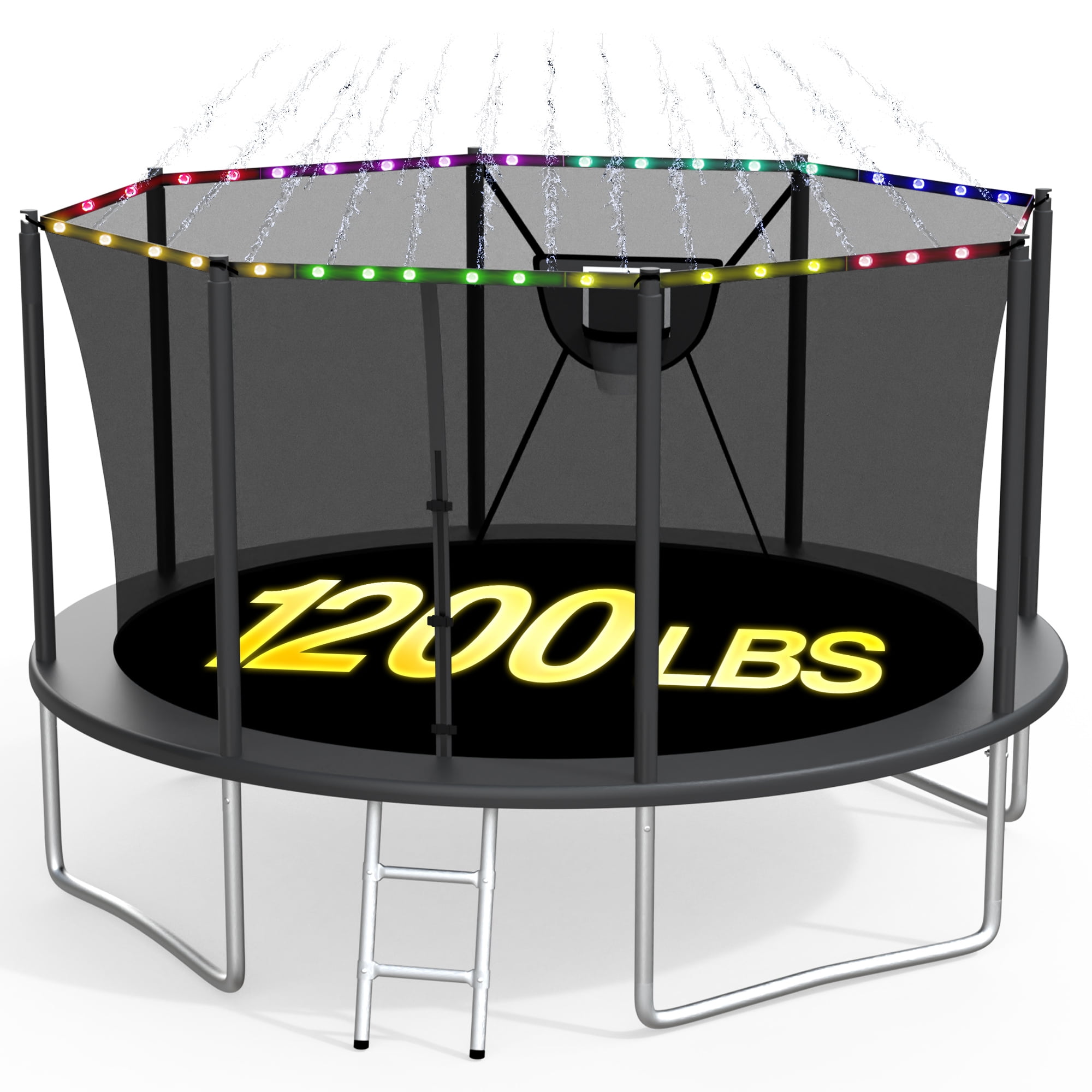 XMIKA Trampoline, 1200LBS 12FT Trampolines for Kids Adults, Trampoline with Safety Enclosure Net, Outdoor Backyard Trampolines with Basketball Hoop, LED Light, Sprinkler and Ladder, Heavy-duty