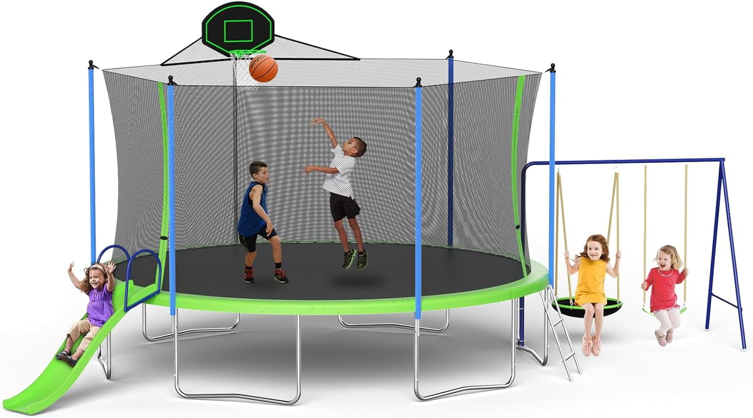 Elitezip Trampoline, 12FT 14FT 1400LBS Trampoline with Swing and Slide, Trampoline with