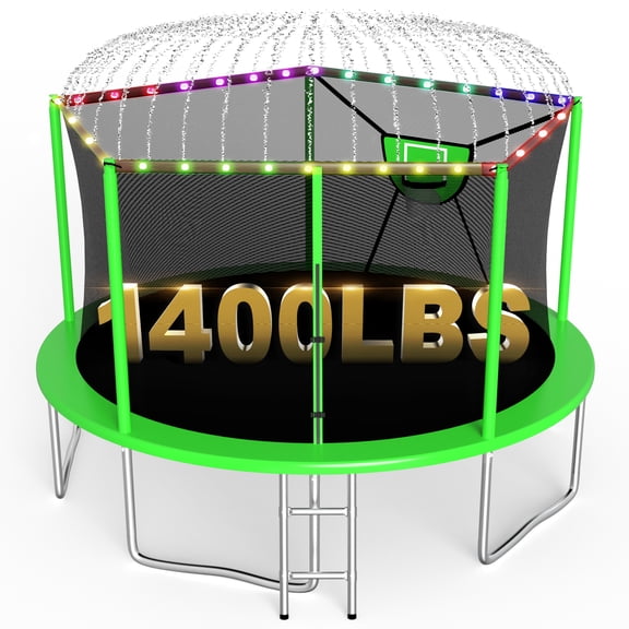 XMIKA Trampoline, 1400LBS 14FT Trampoline for Kids Adults, Trampoline with Enclosure Net, Basketball Hoop, Light, Sprinkler, Ladder, Backyard Recreational Trampoline, Galvanized Anti-Rust Coating