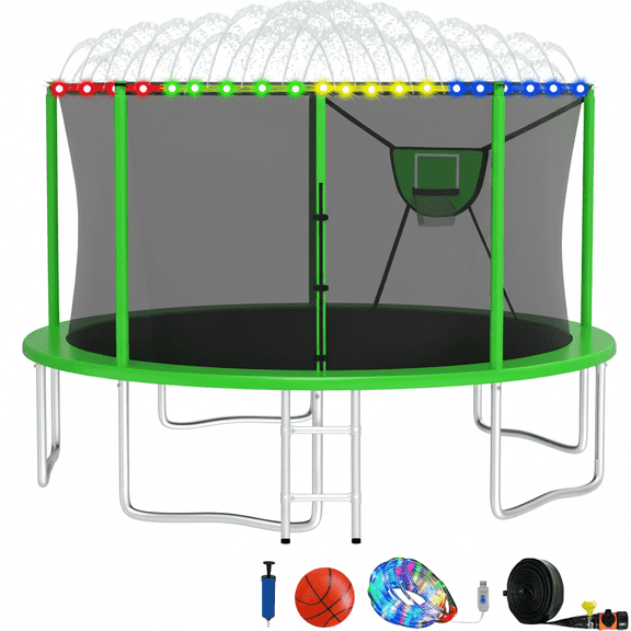 Elitezip Trampoline, 1400LBS 14FT Trampoline for Kids Adults, Trampoline with Enclosure Net, Basketball Hoop, Light, Sprinkler, Ladder, Backyard Recreational Trampoline, Galvanized Anti-Rust Coating