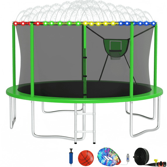 XMIKA Trampoline, 1400LBS 14FT Trampoline for Kids Adults, Trampoline with Enclosure Net, Basketball Hoop, Light, Sprinkler, Ladder, Backyard Recreational Trampoline, Galvanized Anti-Rust Coating