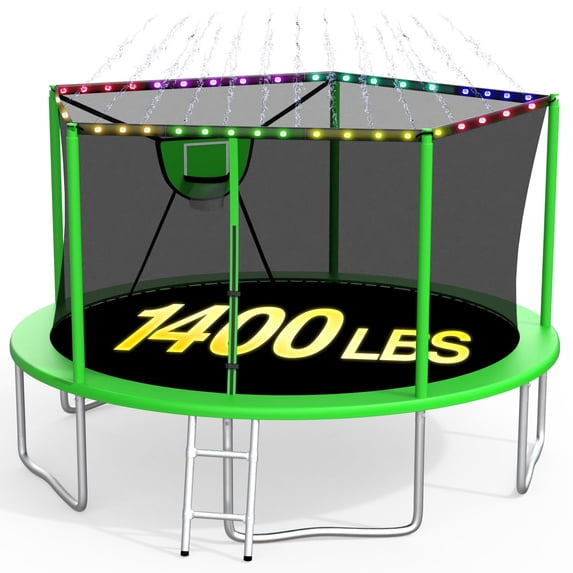 XMIKA 1400LBS 14FT Trampoline, Outdoor Trampolines for Kids with Enclosure Net, Trampoline with Basketball Hoop, Light, Sprinkler and Ladder, Heavy Duty Backyard Trampoline, Round Trampolines