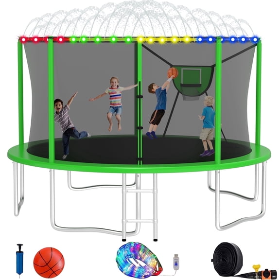 Elitezip 1400LBS 14FT Trampoline, Outdoor Trampolines for Kids with Enclosure Net, Trampoline with Basketball Hoop, Light, Sprinkler and Ladder, Heavy Duty Backyard Trampoline, Round Trampolines