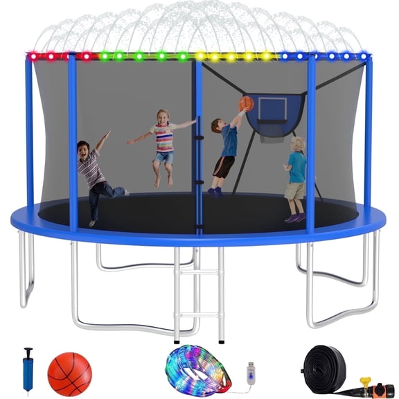 Elitezip 1400LBS 14FT Trampoline, Outdoor Trampolines for Kids with Enclosure Net, Trampoline with Basketball Hoop, Light, Sprinkler and Ladder, Heavy Duty Backyard Trampoline, Round Trampolines