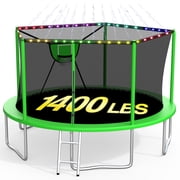 XMIKA 1400LBS 14FT Trampoline, Outdoor Trampolines for Kids with Enclosure Net, Trampoline with Basketball Hoop, Light, Sprinkler and Ladder, Heavy Duty Backyard Trampoline, Round Trampolines