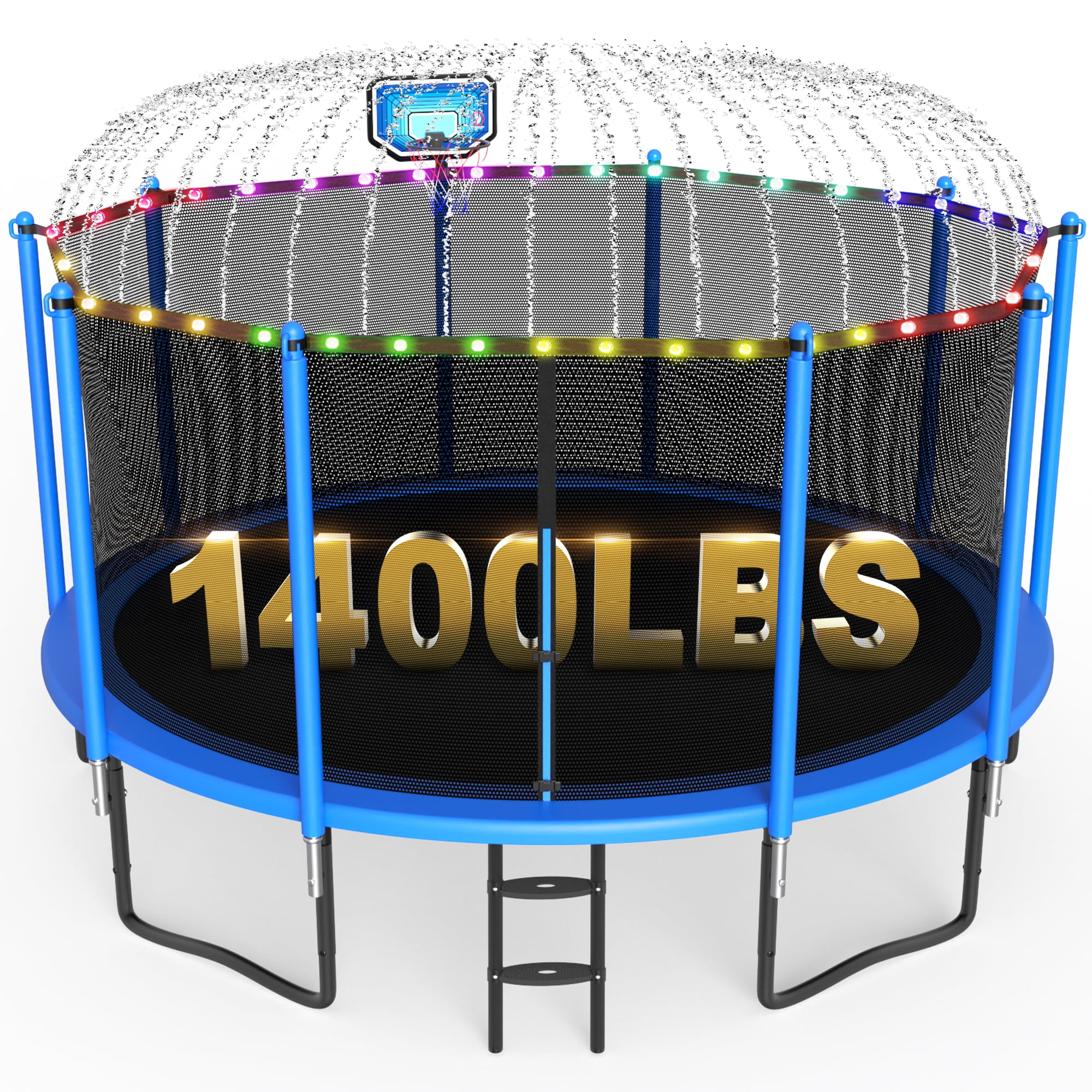 XMIKA Trampoline 14ft, Trampolines with Basketball Hoop for Kids and Adults, Outdoor Trampolines with Enclosure Net, Ladder, Light, Sprinklers, 1400LBS Weight Capacity, Heavy-duty Round Trampoline