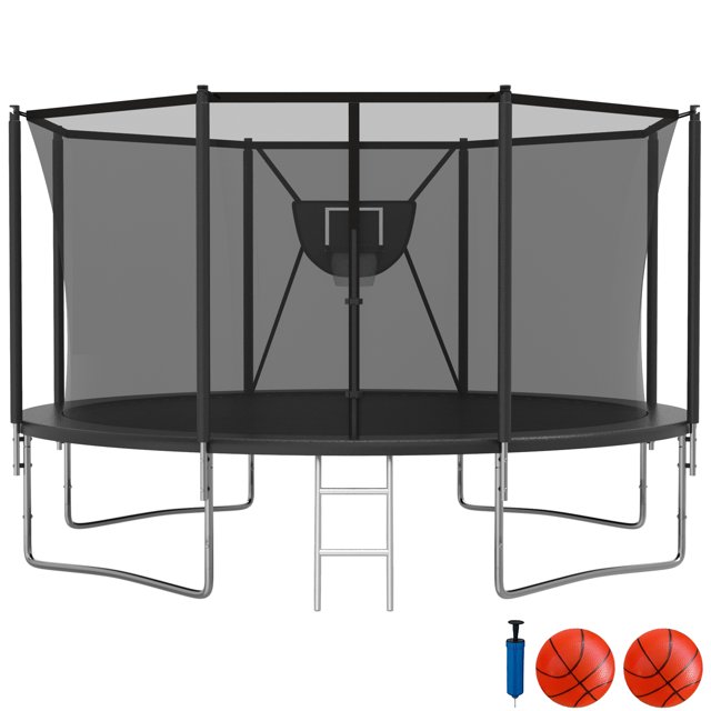 Elitezip Trampoline for Adults and Kids, 12 FT 1200LBS Trampoline with Enclosure Net, 2 Ball, No