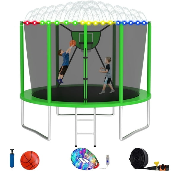 Elitezip 10FT 12FT 14FT 16FT Outdoor Trampoline, Trampoline with Enclosure Net for 2-3 Kids, 1000LBS Trampolines with Basketball Hoop, Light, Sprinkler, Backyard Trampolines for Adults, Heavy Duty