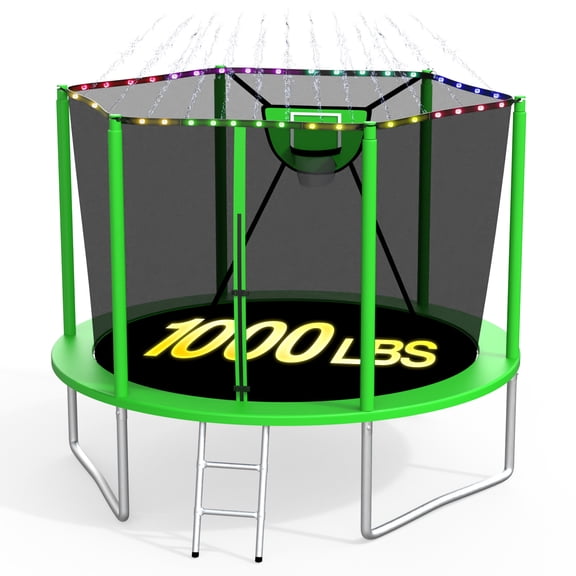 XMIKA 10FT 12FT 14FT 16FT Outdoor Trampoline, Trampoline with Enclosure Net for 2-3 Kids, 1000LBS Trampolines with Basketball Hoop, Light, Sprinkler, Backyard Trampolines for Adults, Heavy Duty