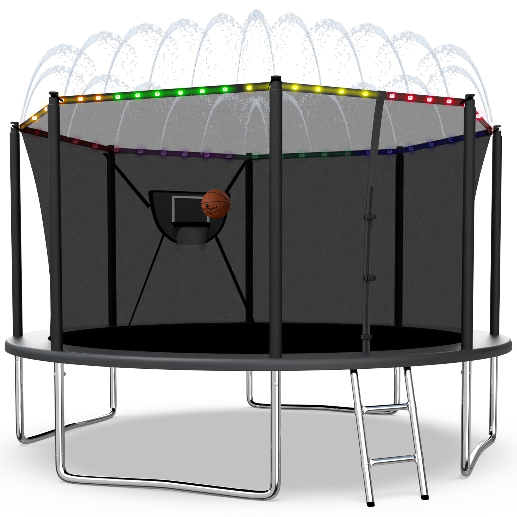 XMIKA Trampoline with Enclosure for Kids, 1200LBS 12FT Trampolines with Basketball Hoop, 10FT 14FT 16FT Outdoor Heavy Duty Recreational Trampoline with Ladder, Lights, Sprinkler, Easy to Install