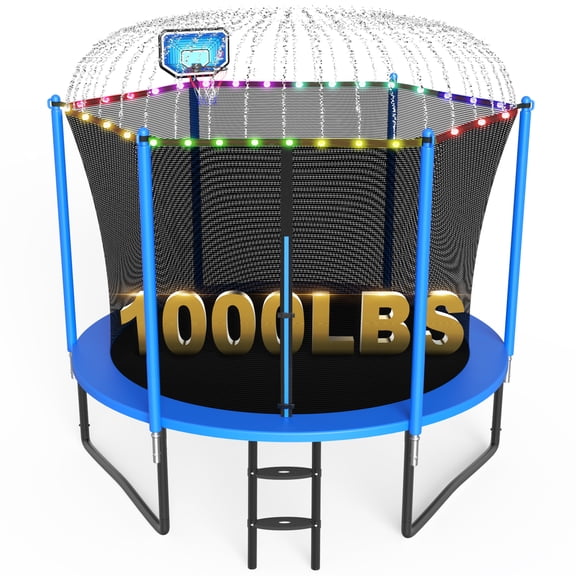XMIKA Trampolines, 10FT Trampolines for 2-3 Kids, 1000LBS Trampoline with Basketball Hoop, Trampoline Outdoor with Enclosure Net, Lights and Sprinklers, Heavy-duty Backyard Trampoline for Adults