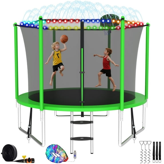 XMIKA Trampolines, 10FT Trampolines for 2-3 Kids, 1000LBS Trampoline with Basketball Hoop, Trampoline Outdoor with Enclosure Net, Lights and Sprinklers, Heavy-duty Backyard Trampoline for Adults