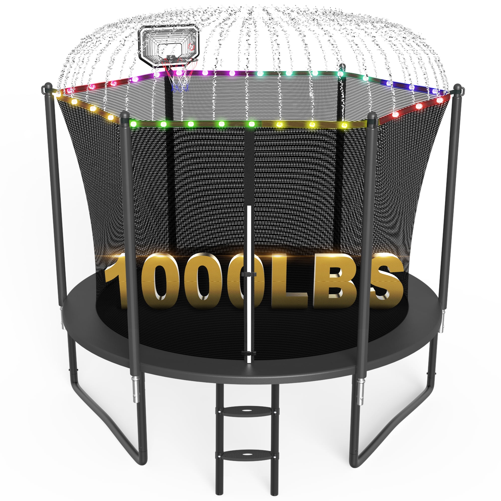 XMIKA Trampolines, 10FT Trampolines for 2-3 Kids, 1000LBS Trampoline with Basketball Hoop, Trampoline Outdoor with Enclosure Net, Lights and Sprinklers, Heavy-duty Backyard Trampoline for Adults