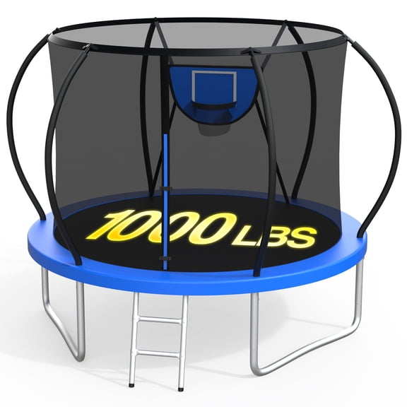 XMIKA Trampolines for 3-4 Kids 10FT Outdoor Trampoline with Enclosure Net Heavy-duty Recreational Trampoline with Basketball Hoop Ladder 1000LBS Capacity Backyard Trampolines, Upgrade Curved Pole