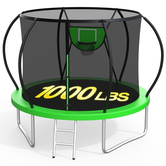 XMIKA Trampolines for 3-4 Kids 10FT Outdoor Trampoline with Enclosure Net Heavy-duty Recreational Trampoline with Basketball Hoop Ladder 1000LBS Capacity Backyard Trampolines, Upgrade Curved Pole