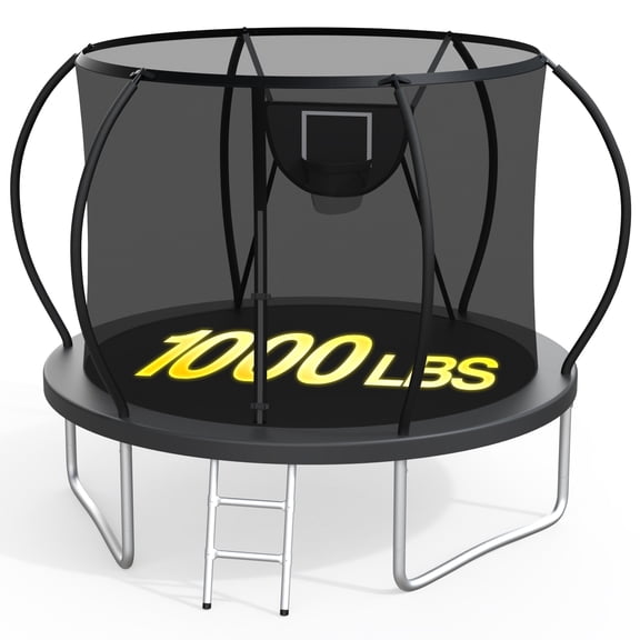 XMIKA Trampolines for 3-4 Kids 10FT Outdoor Trampoline with Enclosure Net Heavy-duty Recreational Trampoline with Basketball Hoop Ladder 1000LBS Capacity Backyard Trampolines, Upgrade Curved Pole