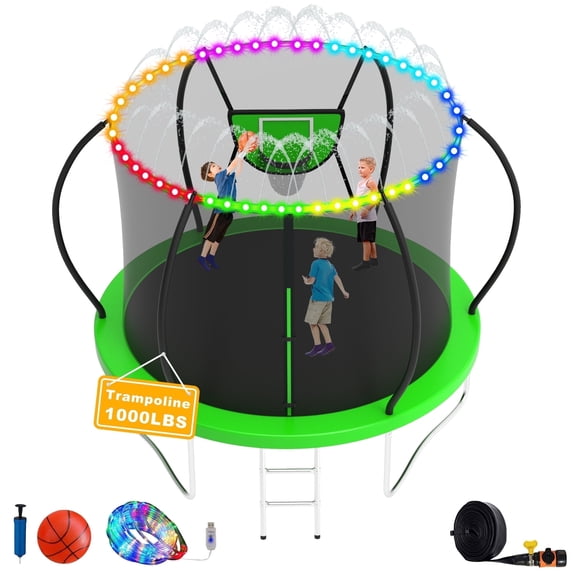 XMIKA Trampolines with Basketball Hoop, 1000LBS 10FT Trampoline for 3-4 Kids, Outdoor Trampoline with Enclosure Net, Ladder, Light, Sprinkler, Backyard Round Heavy Duty Trampoline, No Gap Design