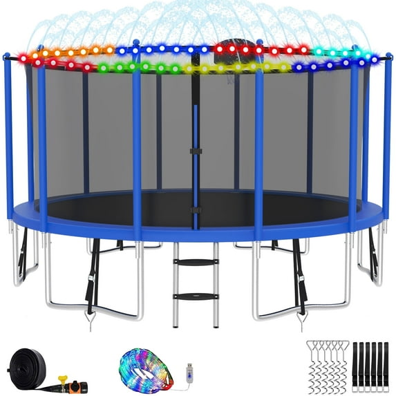 Elitezip Trampolines with Basketball Hoop, 15FT Trampoline for Kids and Adults, Outdoor Trampoline with Safety Enclosure Net, Lights, Sprinkler, 1500LBS Heavy Duty Recreational Backyard Trampoline