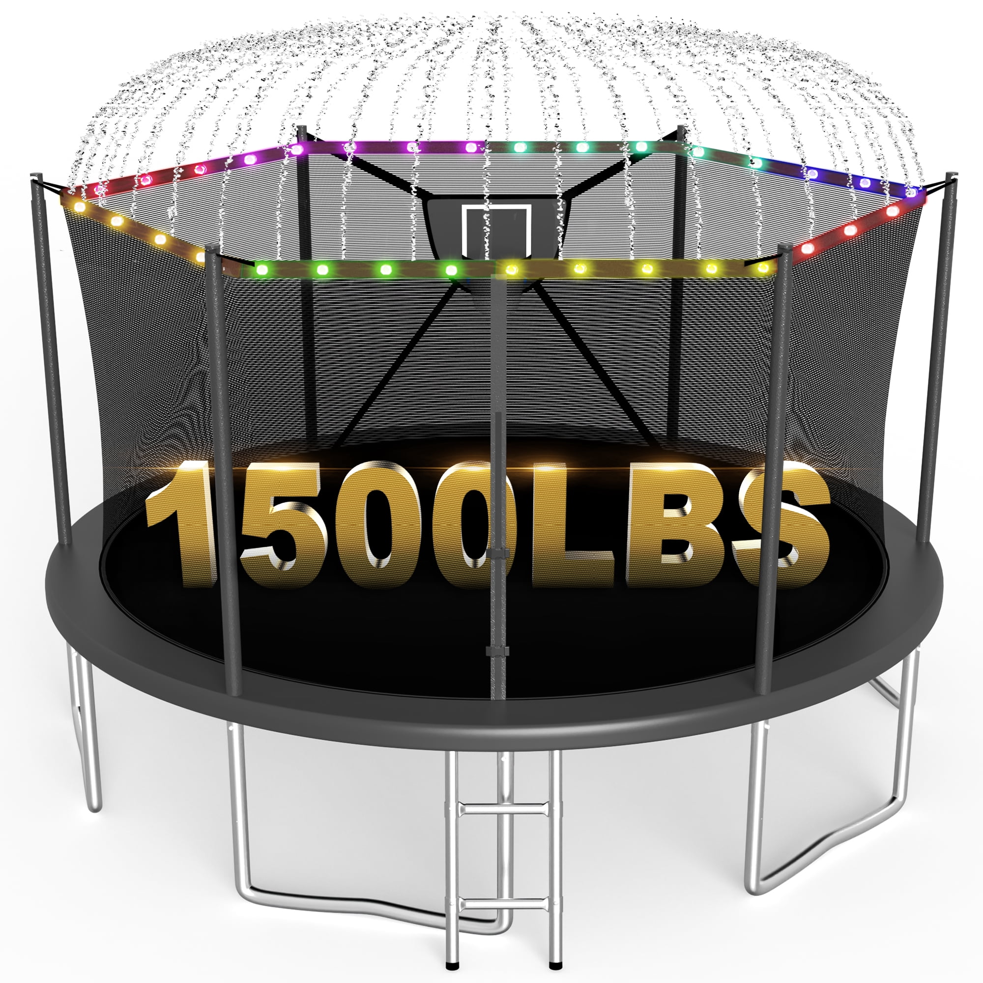 XMIKA Trampolines with Enclosure Net 1500LBS 16FT Heavy Duty Trampoline for Kid Adult Outdoor Anti-Rust Trampolines with Basketball Hoop, Light, Sprinkler, Ladder, Backyard Recreational Trampoline