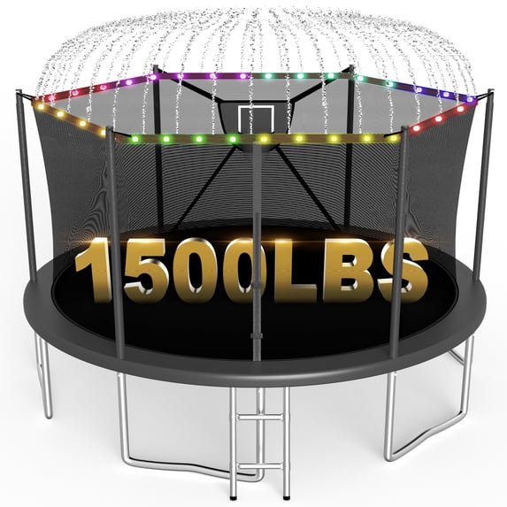 XMIKA Trampolines with Enclosure Net 1500LBS 16FT Heavy Duty Trampoline for Kid Adult Outdoor Anti-Rust Trampolines with Basketball Hoop, Light, Sprinkler, Ladder, Backyard Recreational Trampoline