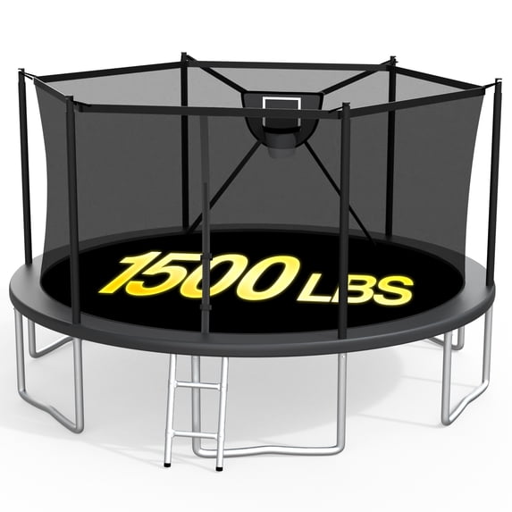 XMIKA Trampoline, Trampoline for Kids and Adults, 16 FT Outdoor Trampolines with Enclosure Net, Basketball Hoop, Ladder, 1500LBS Weight Capacity, Backyard Heavy Duty Trampolines