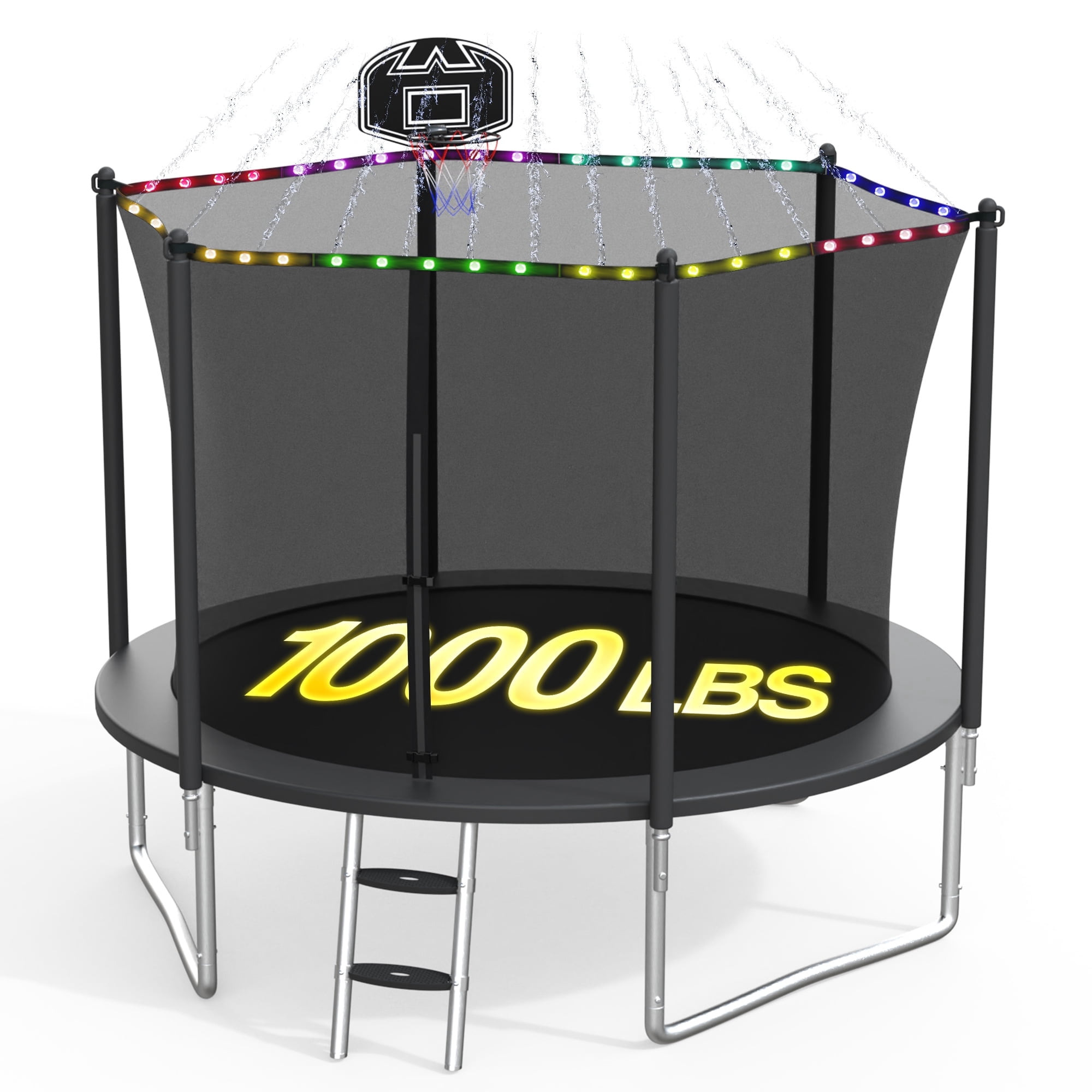 XMIKA Trampolines for Kids, 10FT 14FT 16FT Outdoor Trampolines with Safety Enclosure Net, Basketball Hoop, Lights, Sprinkler, 1000LBS Round Heavy Duty Recreational Backyard Trampoline for Adults