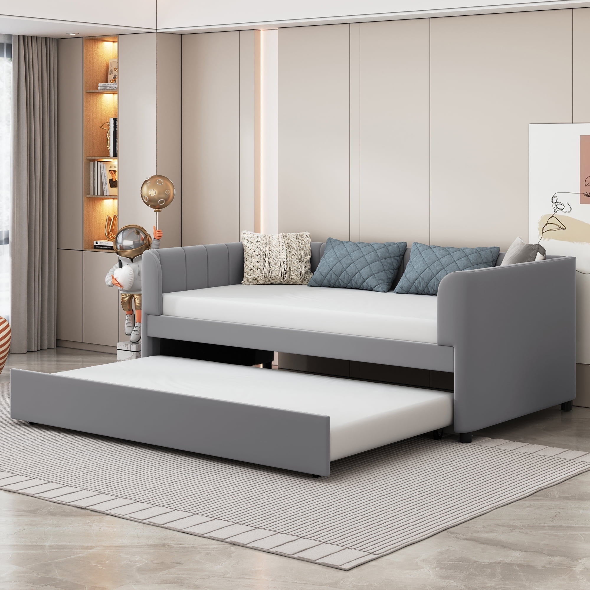 Gray Velvet Upholstered Twin Daybed with Trundle and Headboard
