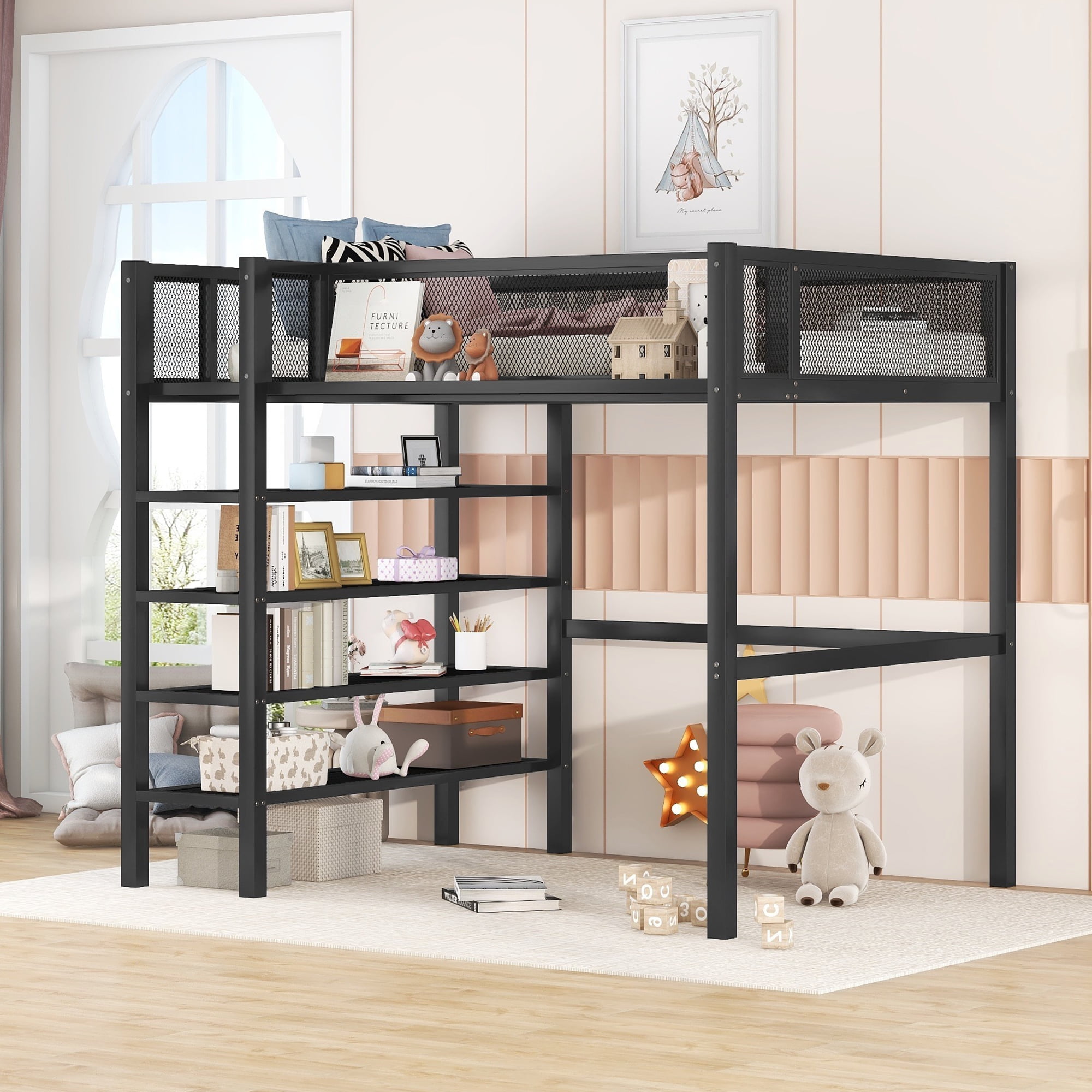 Elitezip Twin Size Loft Bed with Desk, Metal Loft Bed with 3Tier