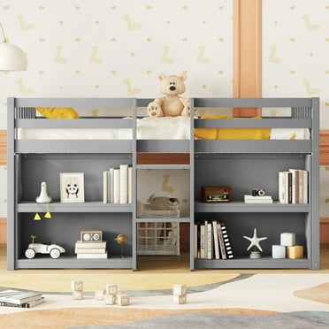 Elitezip Twin Size Loft Bed with Two-Tier Shelves and LED Light, Wood Low Loft Bed with Multifunction, Twin Loft Bed Frame for Toddlers, Kids, Boys, Girls, No Box Spring Needed, Easy Assembly, Grey