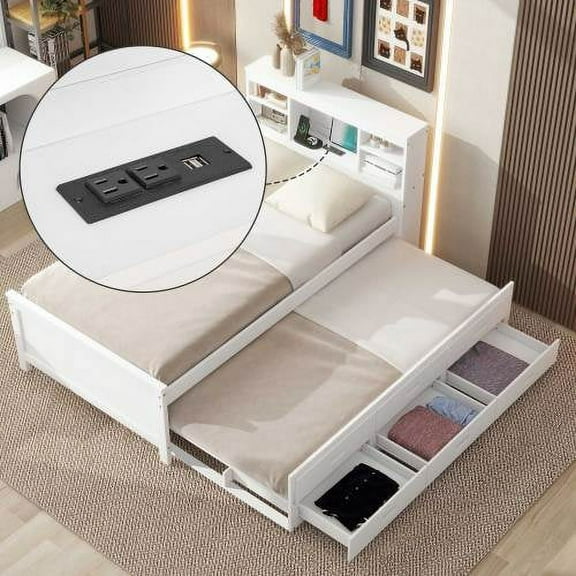 Elitezip Twin Size Wood Platform Bed Frame with Twin Size Trundle, Upholstered Bed Frame with Storage Headboard Charging Station and 3 Storage Drawers, No Box Spring Needed, Easy Assembly, White