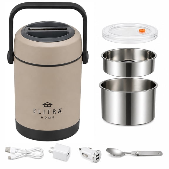 Elitra 1.6 L/54 Oz Portable Electric Lunchbox - 304 Stainless Steel, 5V/20W USB-C Heated Meal Container for Car, Travel, Work, Office - Leak Resistant Lid, Spoon, Car Charger Included (Oatmeal)