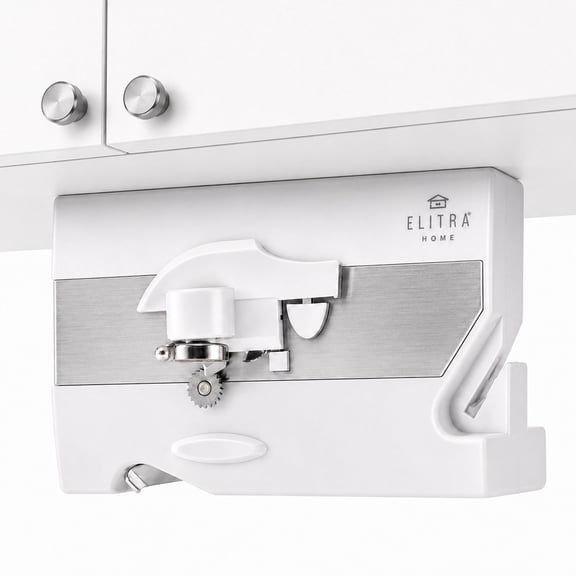 Elitra 3-in-1 Under the Cabinet Electric Can Opener, Bottle Opener & Blade Shaper - Smooth Edge Kitchen Gadget with Magnetic Lid Holder, Swing Grip Handle, Cord Storage (White)