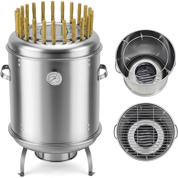Elitzia 3 in 1 Stainless Steel Vertical Charcoal Smoker Grill Portable Surround Barbecue BBQ Hanging Stove with Built-in Thermometer 24 Skewers & Grill Grate for Indoor Outdoor Backyard ETBBQ02