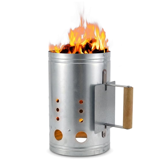 Elitzia 6.69" x 10.4" Durable Charcoal Chimney Starter Galvanized Steel BBQ Fire Starter with Heat Shield Wood Handle Vented Base Non-Slip Bottom Fast Even Lighting for Grill, Smoker, Fire Pit