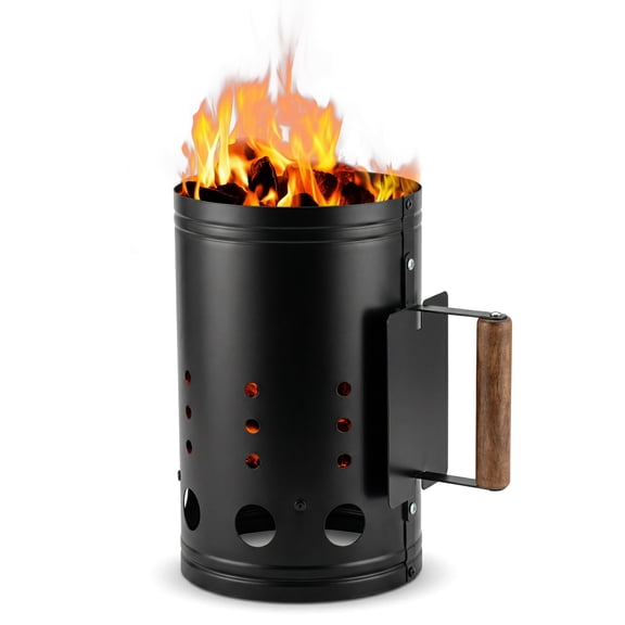 Elitzia 6.69" x 10.4" Durable Charcoal Chimney Starter Galvanized Steel BBQ Fire Starter with Heat Shield Wood Handle Vented Base Non-Slip Bottom Fast Lighting for Grill, Smoker, Fire Pit