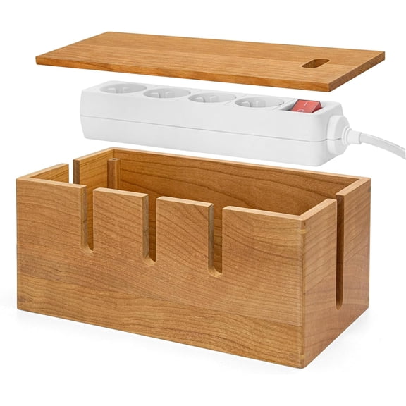Elitzia Wood Cable Tidy Box Large Desk Cable Management Box Cord Wire Organiser for Hiding Messy Cables Wire Management Natural Cherry Wood Cables Storage Tidy Boxs for Home Salon SPA Office ETCHER01