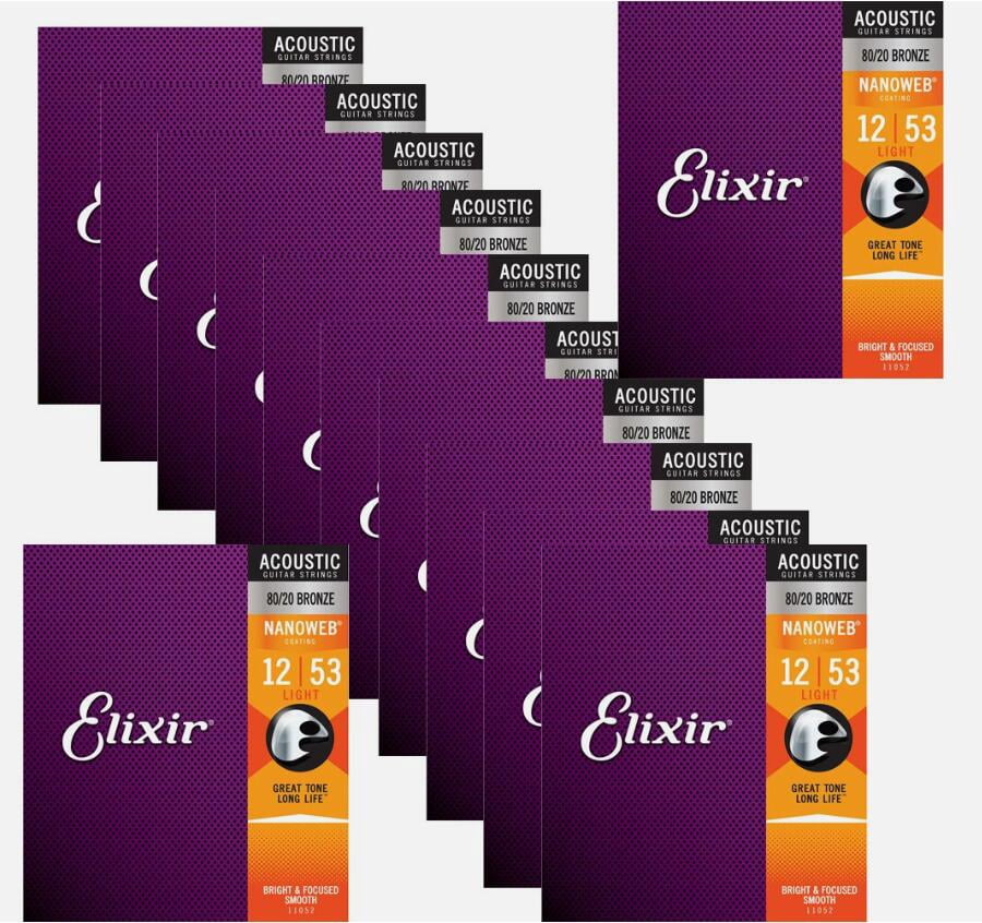 Elixir 11052 Nanoweb 80/20 Bronze Light Acoustic Guitar Strings 12-53 (12-Pack)