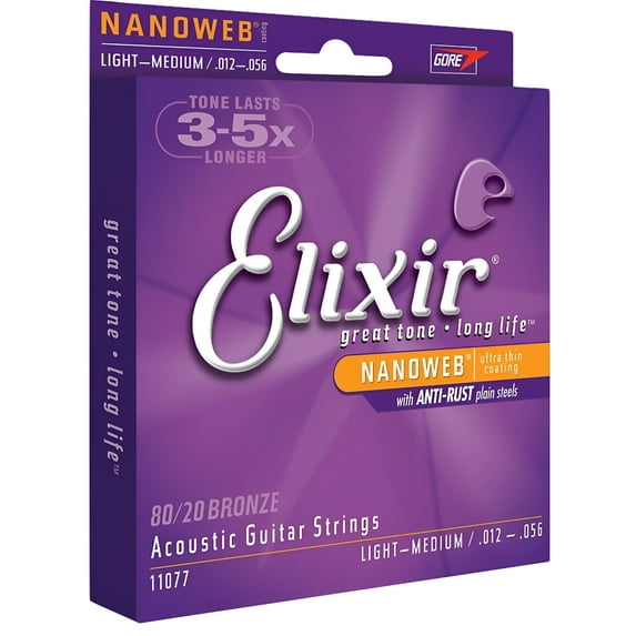 Elixir 11077 80/20 LIGHT/MEDIUM NANOWEB ACOUSTIC GUITAR STRINGS (.012-.056)