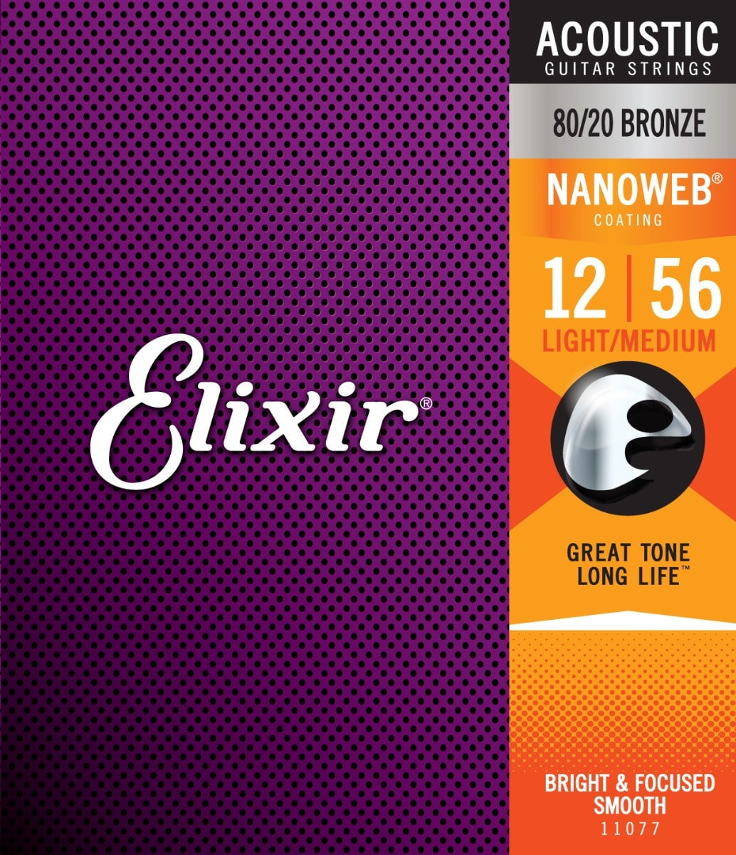 Elixir 11077 U Nanoweb 80 20 Bronze Light Medium Acoustic Guitar Strings Set