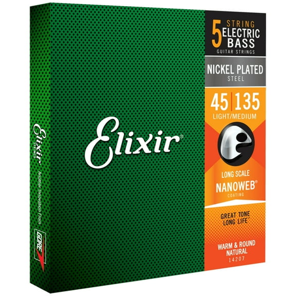 Elixir Nickel Plated Steel 5-String Bass Strings Long Scale Light/Med 045-135