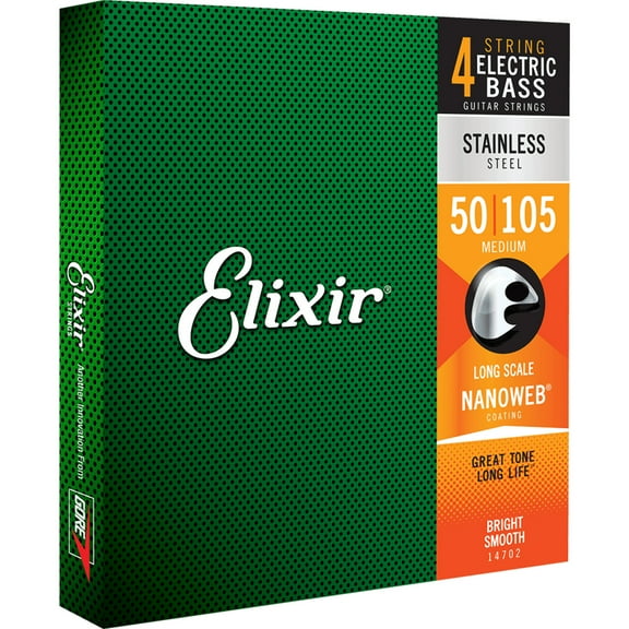Elixir 14702 Stainless Steel Bass Strings with NANOWEB. Long Scale Medium 50-105