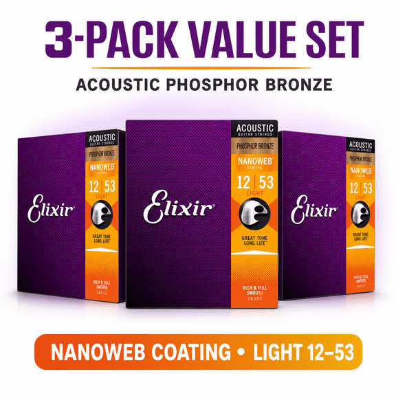 Elixir 16052 Acoustic Guitar Strings, Phosphor Bronze with NANOWEB Coating, Light 12-53 Gauge, 3-Pack