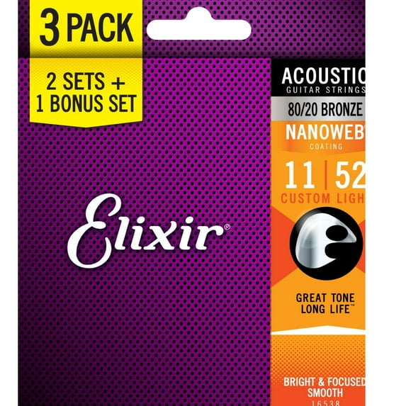 Elixir NANOWEB 80/20 Bronze 3-Pack — 16538X Custom Light 11-52 (11027)