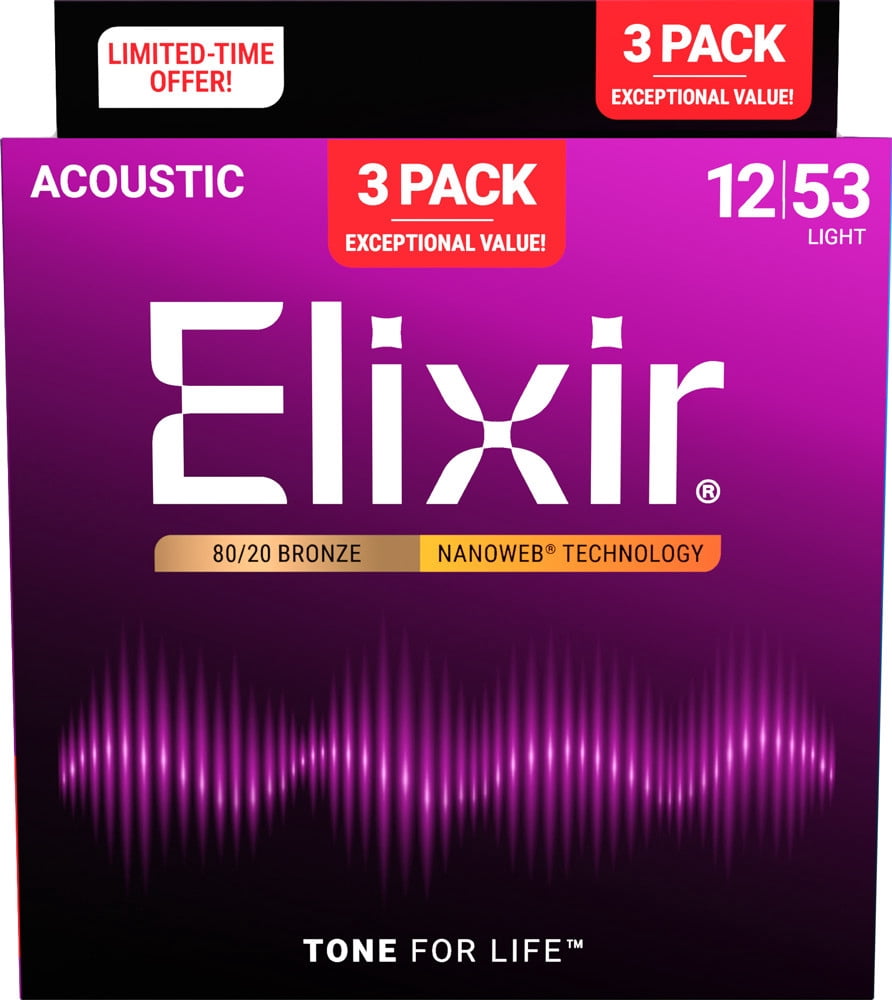 Elixir Acoustic 80/20 Bronze Guitar Strings w/NANOWEB® Technology - Light 12-53 - (3 Pack 11052)